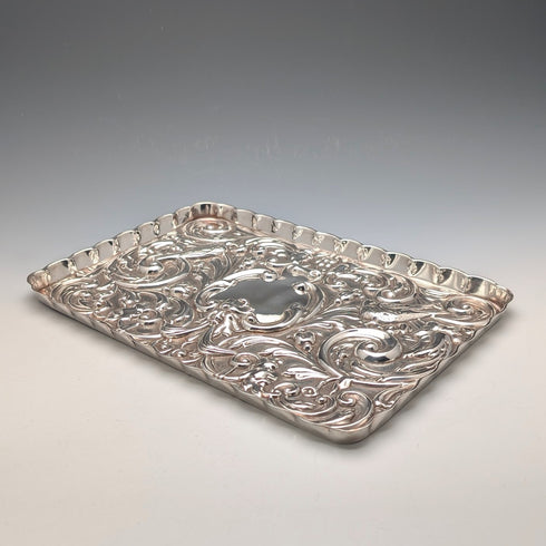Circa 1900 British antique silver plate relief carved dressing table tray