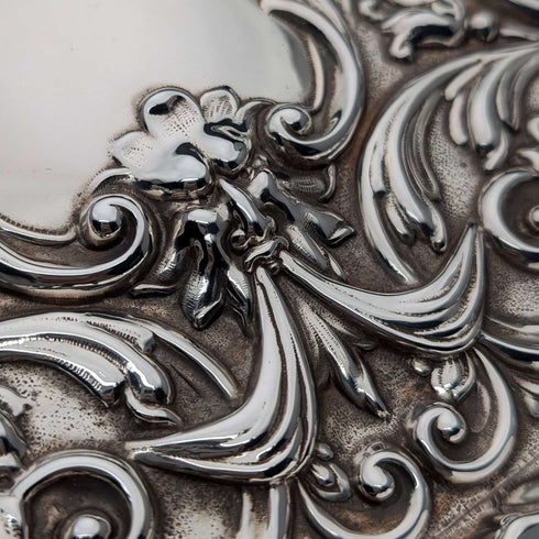 Circa 1900 British antique silver plate relief carved dressing table tray