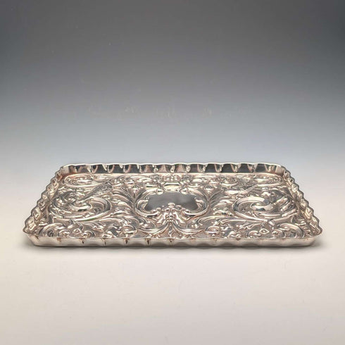 Circa 1900 British antique silver plate relief carved dressing table tray