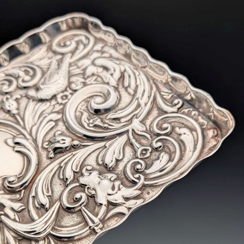 Circa 1900 British antique silver plate relief carved dressing table tray