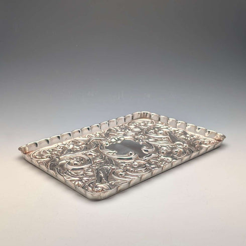 Circa 1900 British antique silver plate relief carved dressing table tray