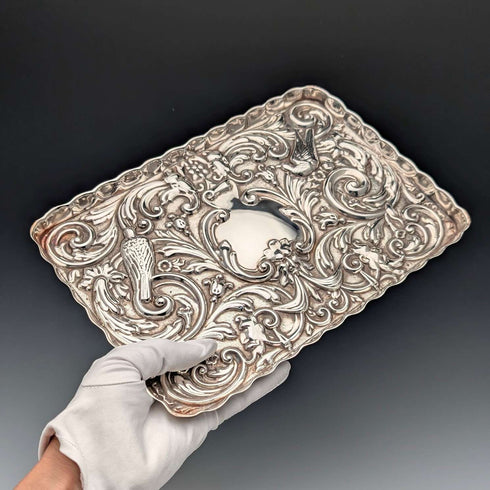 Circa 1900 British antique silver plate relief carved dressing table tray