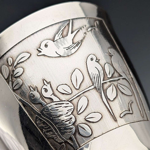 French vintage bird decoration silver plate beaker cup