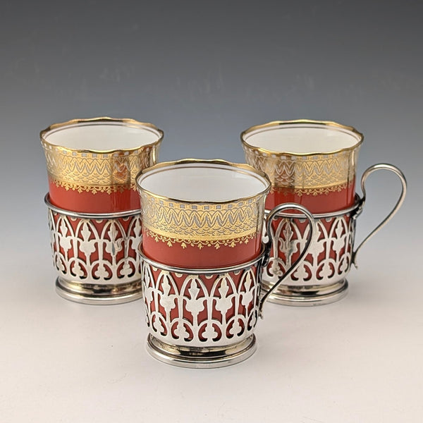 1929 British vintage porcelain cups in sterling silver holders, set of 3, Walker & Hall, AYNSLEY