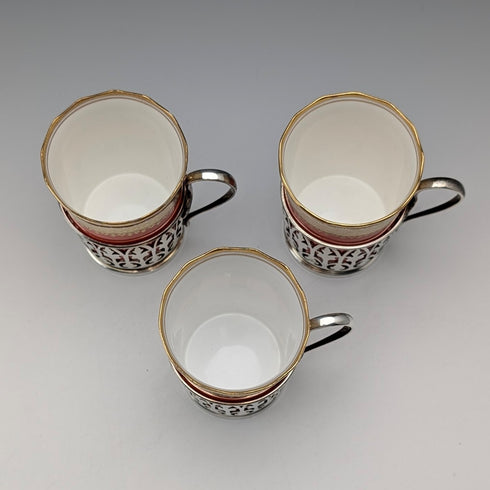 1929年 英国ヴィンテージ 純銀ホルダ ポーセリンカップ 3個セット Walker&Hall、AYNSLEY