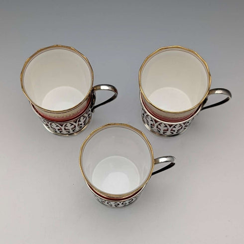 1929 British vintage porcelain cups in sterling silver holders, set of 3, Walker & Hall, AYNSLEY