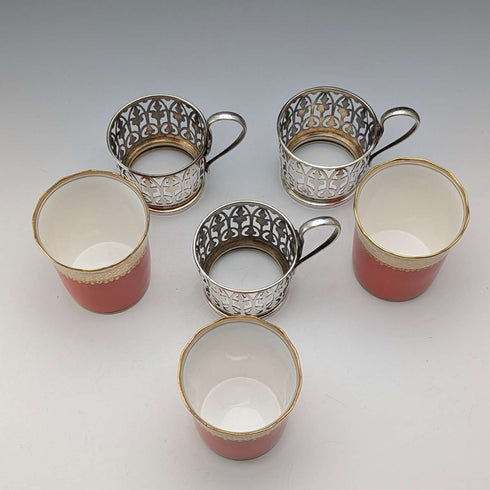 1929 British vintage porcelain cups in sterling silver holders, set of 3, Walker & Hall, AYNSLEY