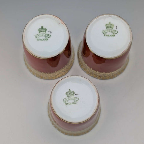 1929 British vintage porcelain cups in sterling silver holders, set of 3, Walker & Hall, AYNSLEY