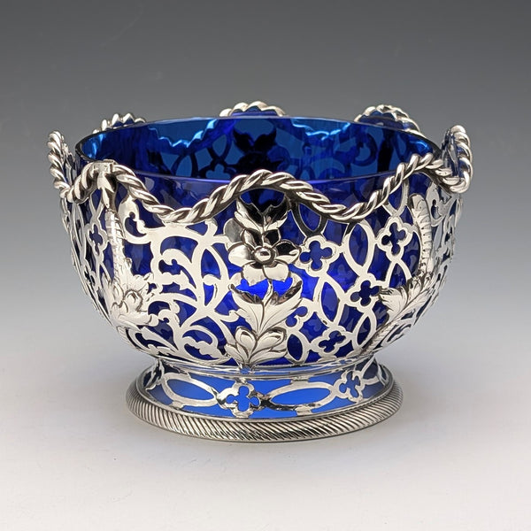 1856 British antique sterling silver earring decorated bowl, 165g, cobalt glass liner, AB Savory & Sons