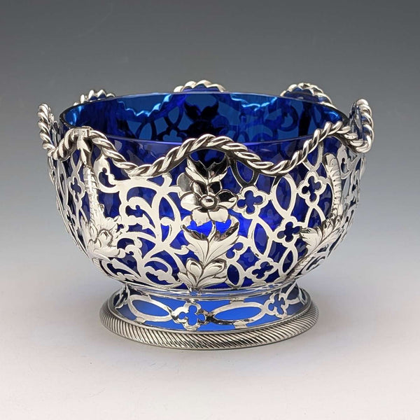 1856 British antique sterling silver earring decorated bowl, 165g, cobalt glass liner, AB Savory & Sons