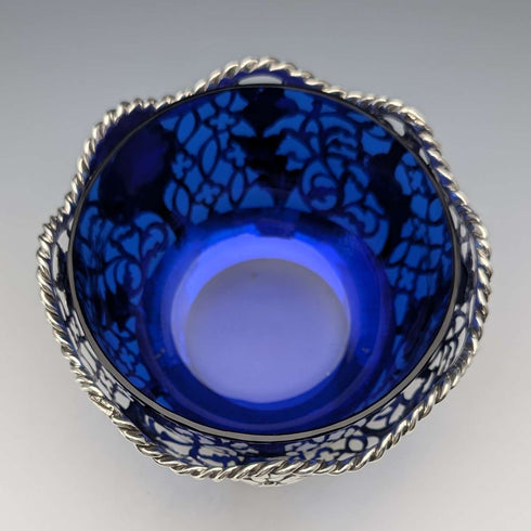 1856 British antique sterling silver earring decorated bowl, 165g, cobalt glass liner, AB Savory & Sons