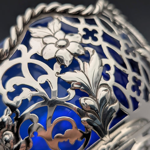 1856 British antique sterling silver earring decorated bowl, 165g, cobalt glass liner, AB Savory & Sons