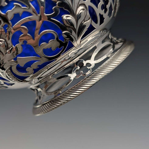 1856 British antique sterling silver earring decorated bowl, 165g, cobalt glass liner, AB Savory & Sons
