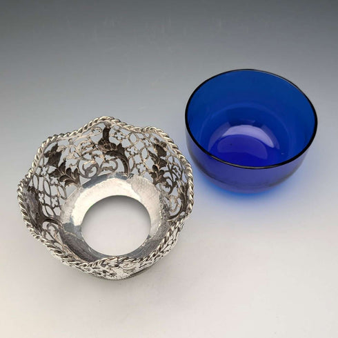 1856 British antique sterling silver earring decorated bowl, 165g, cobalt glass liner, AB Savory & Sons