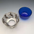 1856 British antique sterling silver earring decorated bowl, 165g, cobalt glass liner, AB Savory & Sons