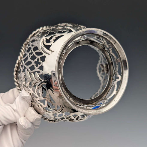 1856 British antique sterling silver earring decorated bowl, 165g, cobalt glass liner, AB Savory & Sons