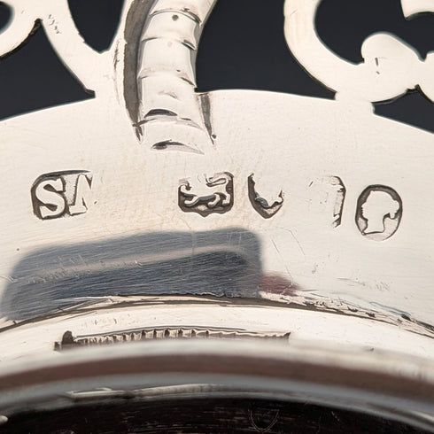 1856年 英国アンティーク 純銀製ピアス装飾ボウル 165g コバルトガラスライナー A B Savory&Sons