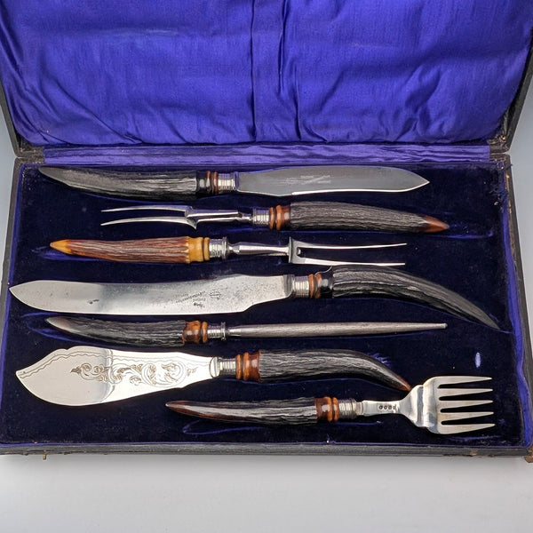 1898 British Antique Antler Handle Serving Cutlery Set of 7 with Case by William Beatson & Sons