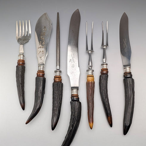 1898年 英国アンティーク アントラーハンドル サービングカトラリー7点セット ケース入 William Beatson & Sons