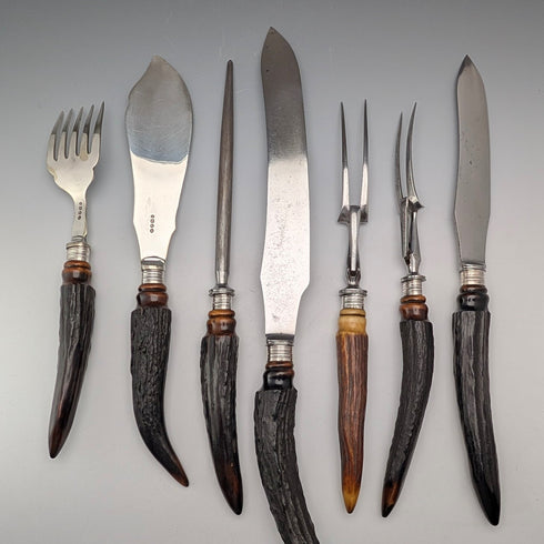 1898年 英国アンティーク アントラーハンドル サービングカトラリー7点セット ケース入 William Beatson & Sons