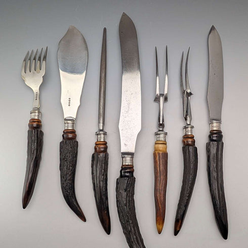 1898年 英国アンティーク アントラーハンドル サービングカトラリー7点セット ケース入 William Beatson & Sons