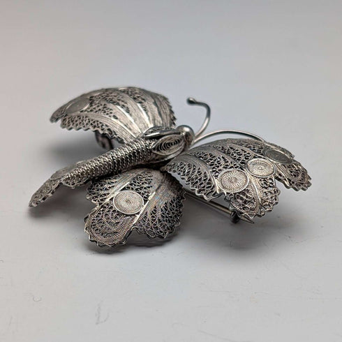 Vintage Portuguese filigree butterfly silver brooch