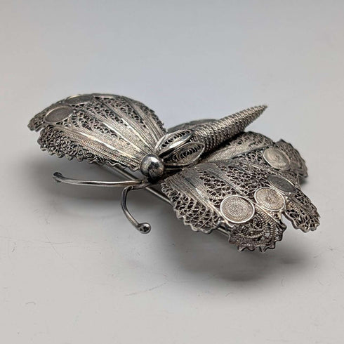 Vintage Portuguese filigree butterfly silver brooch