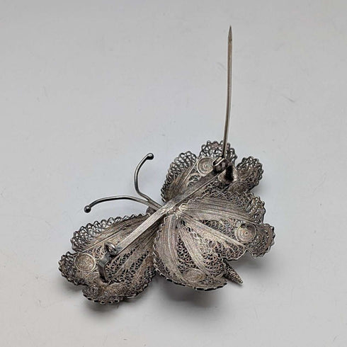 Vintage Portuguese filigree butterfly silver brooch