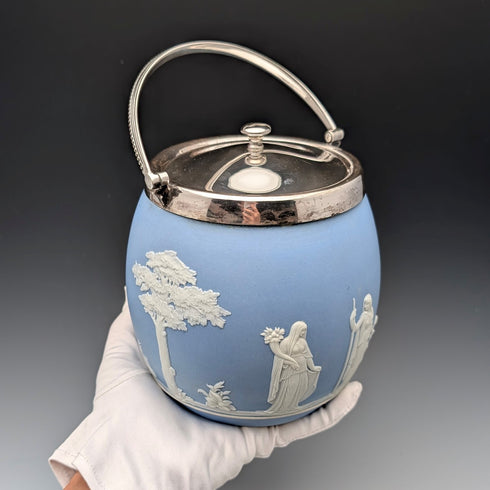 Antique British Wedgwood Biscuit Barrel Jasperware Pale Blue