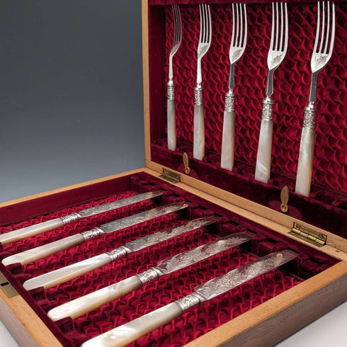 Circa 1881 British antique white mother-of-pearl handle dessert cutlery 5 pairs in wooden box LEE & WIGFULL