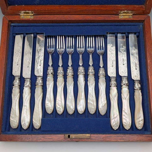 1865年 英国アンティーク 純銀ブレード&白蝶貝ハンドル デザートカトラリー6ペア 木箱入り Martin&Hall