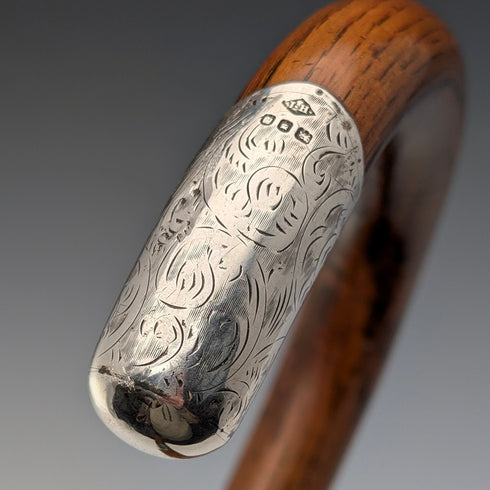 1921 年英國古董棕色手柄,彎曲手柄,純銀裝飾,手杖,92 厘米,J Howell & Co.