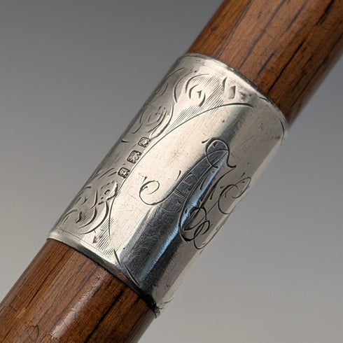 1921 年英國古董棕色手柄,彎曲手柄,純銀裝飾,手杖,92 厘米,J Howell & Co.