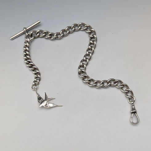 Circa 1900 British antique sterling silver Albert chain, 49g, sterling silver swallow fob