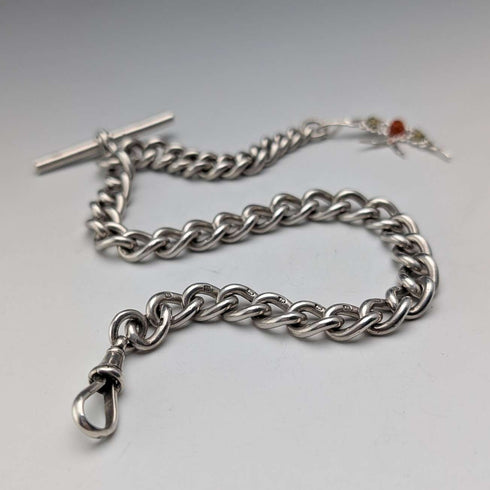 Circa 1900 British antique sterling silver Albert chain, 49g, sterling silver swallow fob