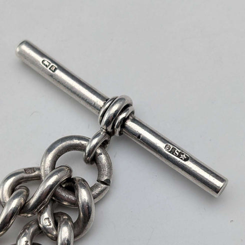 Circa 1900 British antique sterling silver Albert chain, 49g, sterling silver swallow fob