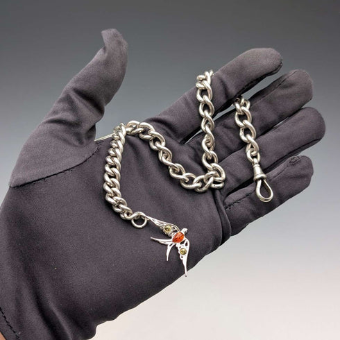 Circa 1900 British antique sterling silver Albert chain, 49g, sterling silver swallow fob