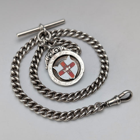 Circa 1900 British antique sterling silver Albert chain, 42g, enamel decoration, sterling silver medal fob