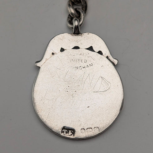Circa 1900 British antique sterling silver Albert chain, 42g, enamel decoration, sterling silver medal fob