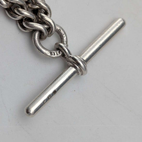 Circa 1900 British antique sterling silver Albert chain, 42g, enamel decoration, sterling silver medal fob