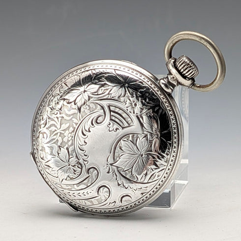 1904年頃 アンティーク ロンジン 懐中時計 アール・ヌーヴォー彫刻 銀側ハンターケース 動作良好