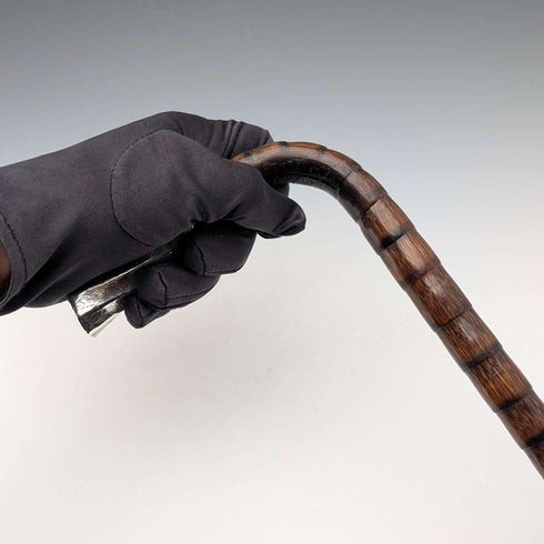 1906 British Antique Walking Stick, 92cm, Brown Handle, L-Handle, Sterling Silver Decoration, by Thomas Davis