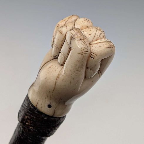 Antique British bone fist-shaped round handle walking stick, 85cm