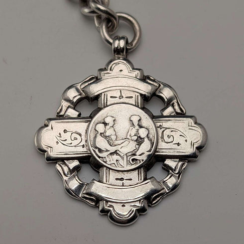 Circa 1890 British antique sterling silver Albert chain, 65g sterling silver medal fob