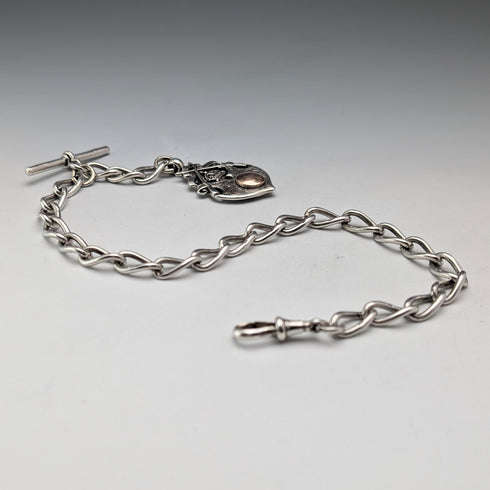 Circa 1900 British antique sterling silver Albert chain, 52g, sterling silver medal fob