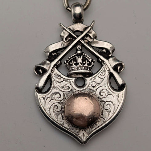 Circa 1900 British antique sterling silver Albert chain, 52g, sterling silver medal fob