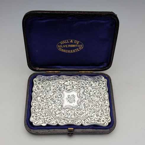 1871 British antique sterling silver card case, 67g, boxed, excellent condition, Robert Thornton