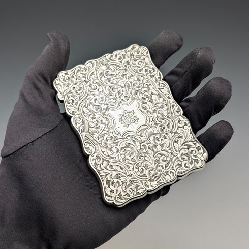 1871 British antique sterling silver card case, 67g, boxed, excellent condition, Robert Thornton