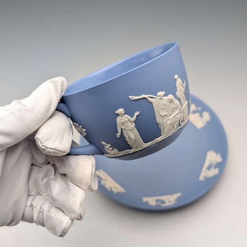 Vintage British Wedgwood Jasperware cup and saucer in pale blue