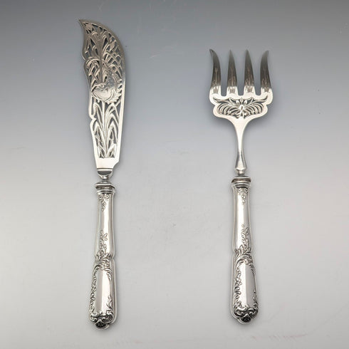Circa 1900 French antique silver plate fish server set with case SFAM